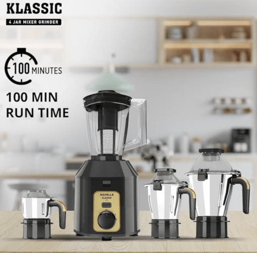 Havells Klassic 1000 watts 4 Jar Mixer Grinder I 2.5 Kg Double Ball Bearing Copper Motor I 22000 RPM I 100 Minutes Run Time I Metal Teeth Coupler & Jar Base I Polycarbonate Jar, Lids with Lock (Grey) - Image 3